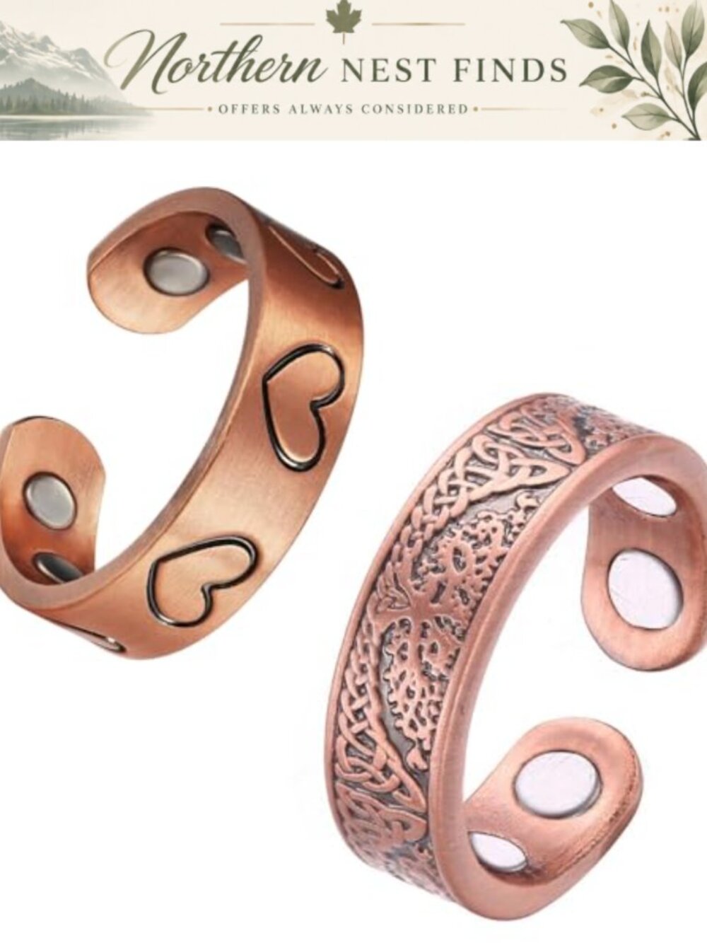 2PC Pure Copper Magnetic Therapy Rings Adjustable Lymphatic Drainage 3500 Gauss